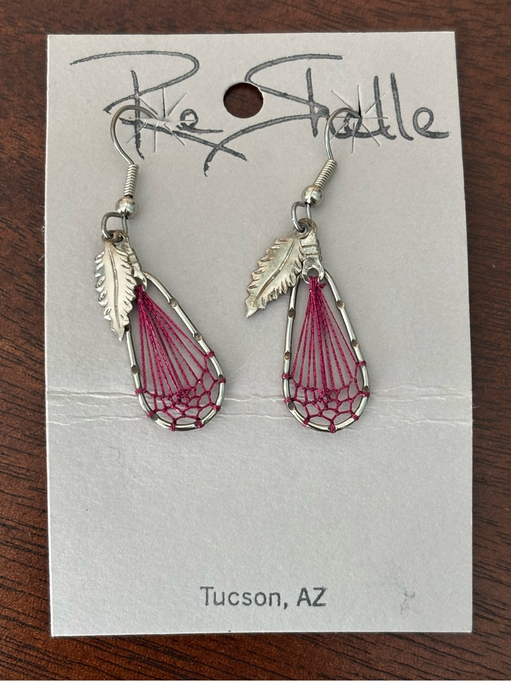 Artisan Pink Thread Teardrop Feather Earrings NWT